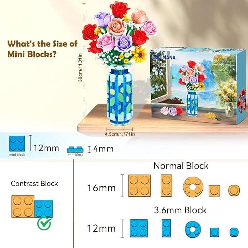 CUBIMANA Roses Flowers Building Set with Vase & LED Light, Mother's Day 16 Mini Flowers Bouquet Botanical Building Blocks Toy, Birthday Gifts for Adults, Artificial Flowers for Home Decor & Display thumbnail 8