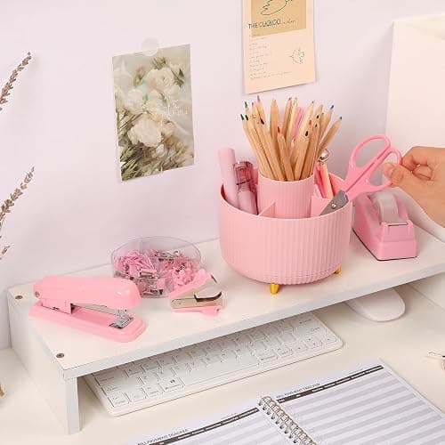 SKYDUE Pink Desk Accessories 10Pcs, Rotating Pen Holder for Desk, Stapler, Staple Remover, Tape Dispenser,2pcs Tape Refills, Binder Paper Clips Kit, Scissor,Pink Office School Supplies thumbnail 8
