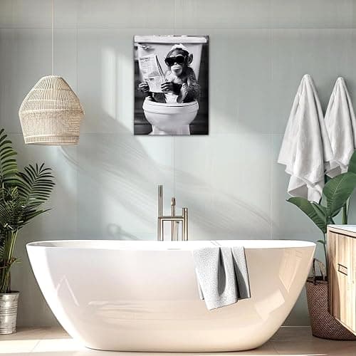 Deveosa Funny Bathroom Wall Art - Chimpanzee On Toilet Unique Cool Black And White Artwork For Restroom Paintings Animal Canvas Sings Decor Pictures Decorations 12x16inch thumbnail 4