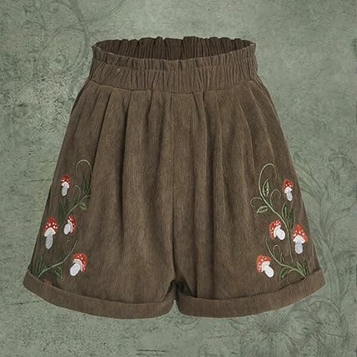 Corduroy Shorts for Women Mushroom Embroidery Cottagecore Clothing Summer Casual Elastic Paperbag Waist Sweat Shorts thumbnail 2