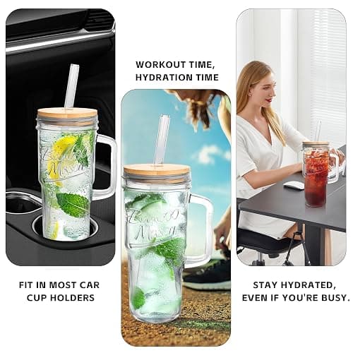 ANOTION Glass Cups with Lids and Straws - 24oz Tumbler with Handle Coffee Cups Glass Straws Glasses Mason Jar Cups Drinking Set Kitchen Essentials Coffee Bar Accessories House Warming Gifts New Home thumbnail 6