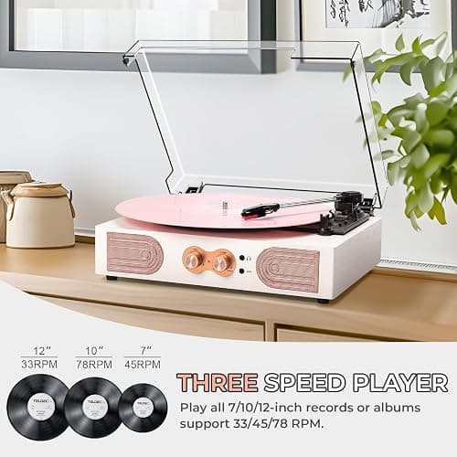 Vinyl Record Player with Built-in Speakers 3-Speed Vintage Record Player Support Treble& Bass Control, 3.5mm Headphone Jack, RCA-Out/Aux in, Belt-Driven LP Turntable,White Rose Gold thumbnail 6