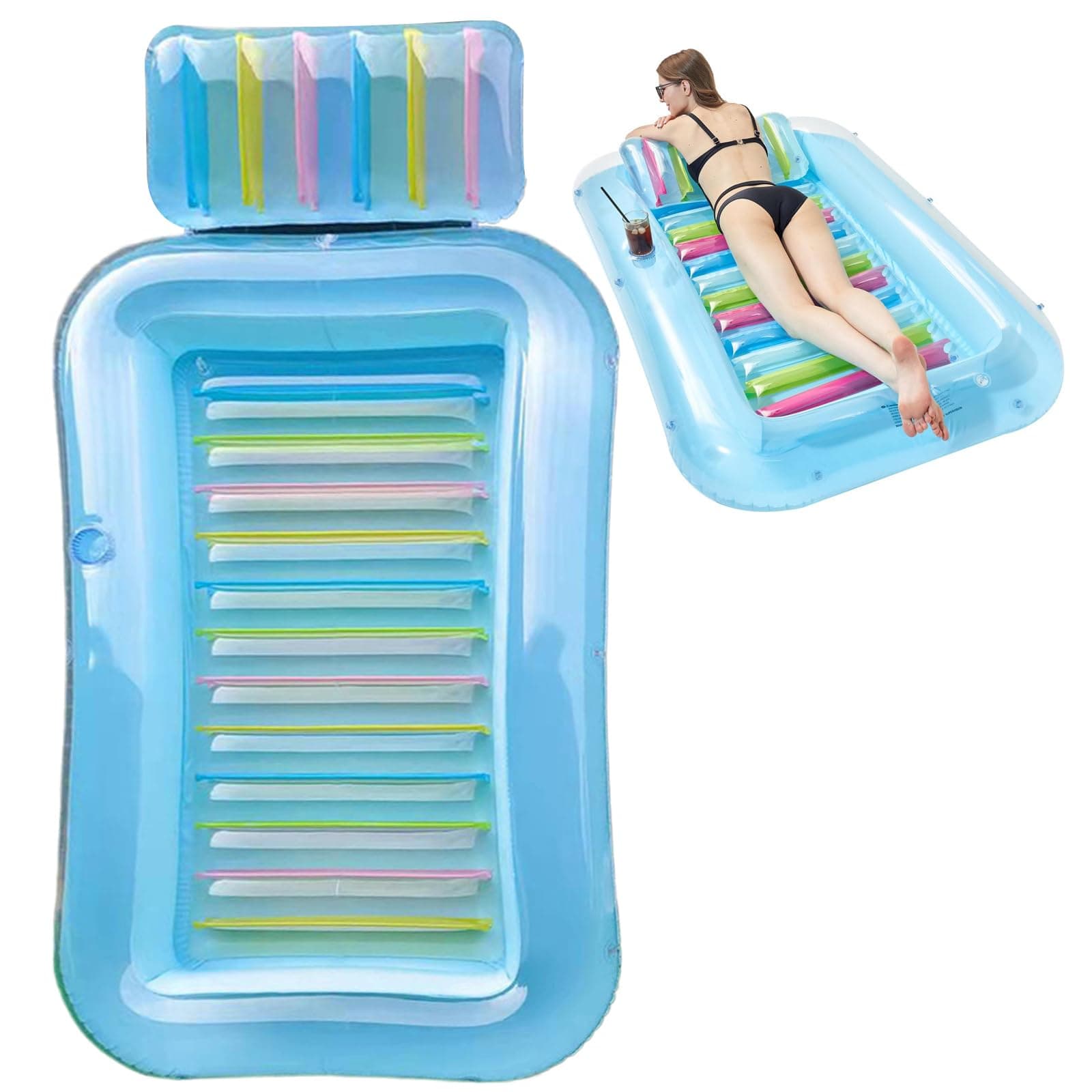 Tanning Pool Bed with Pillow, 69x43x8 Inch PVC Inflatable Sun Lounger with Drink Holder, Portable Blow up Pool Floats for Adults Kids Beach Sunbathing thumbnail 2