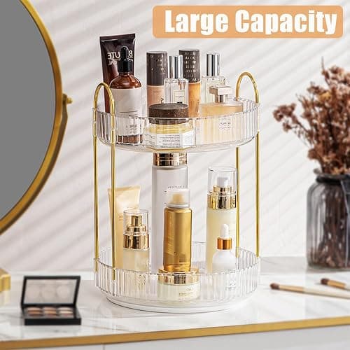 Rotating Makeup Organizer, 2 Tier Large Capacity Perfume Organizer, Cosmetic Organizer for Vanity Bathroom Bedroom, White thumbnail 4