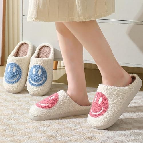 FACAXEDRE Smile Face Slippers for Women - Indoor Outdoor Retro Happy House Slides, Soft Fluffy Cushion Furry Shoes thumbnail 2