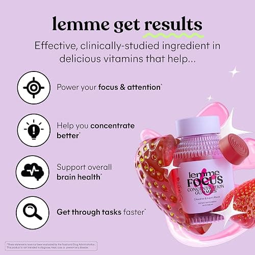 Lemme Focus Concentration & Brain Health Gummies with Cognizin Citicoline, Lion's Mane Mushroom, Vitamin B12 to Support Focus + Concentration - Gluten Free, Caffeine Free, Strawberry (50 Count) thumbnail 2