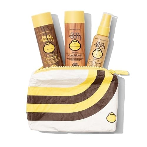 Sun Bum Hair Care Travel Essentials Kit - Revitalize Your Hair With Revitalizing Shampoo, Conditioner, and 3-in-1 Leave In Treatment - Includes Aloha Collection Travel Pouch - Image 1