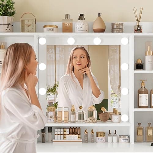 FIONESO Vanity Desk with Mirror and Lights, Power Outlet, Makeup Vanity with 9 Drawers & 6 Open Storage Shelves, 3 Lighting Modes Brightness Adjustable, White thumbnail 6