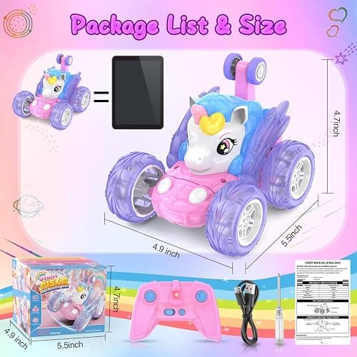 Unicorn Remote Control Car for Girls 3 4 5 6 7 8 Years Old, Pink Monster Truck with Colourful Light 360°Flip RC Stunt Car Rechargeable Kids Toy Birthday Gift/Present Juguete Carros Regalo Para Niñas thumbnail 2