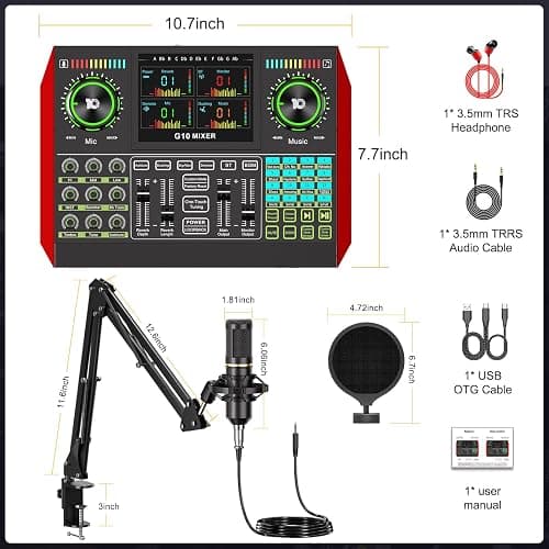 Podcast Equipment Bundle with 3.5mm Condenser Microphone for Pc/Phone Live Streaming Singing Gaming, Podcast Microphone Bundle with Live Sound Board Audio Mixer Denoise,DJ Sets thumbnail 2