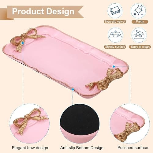 PATIKIL Vintage Decorative Tray Towel Tray, Storage Tray Dish Plate Fruit Trays Cosmetics Organizer Retro Design Bow-Knot Rectangle Resin Plate for Room Decorative Gift, Pink thumbnail 4