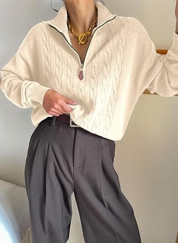 Dokotoo Women's Sweaters 2025 Fall Winter Quarter Zip Casual Ribbed Cable Knit Pullover thumbnail 3