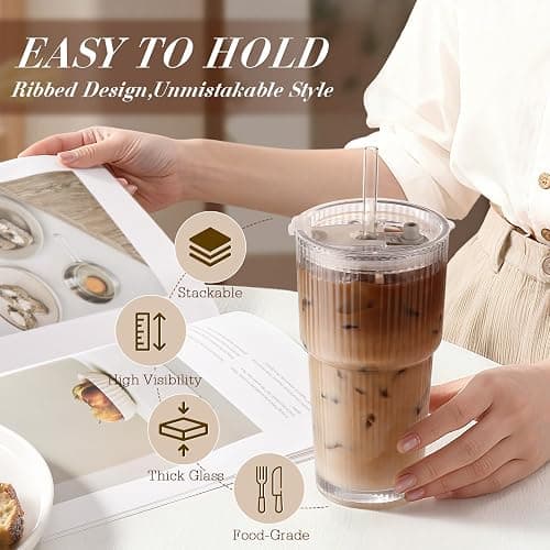 Iced Coffee Cups with Lids: Coffee Bar Accessories - Ribbed Glass Tumbler with Straw and Lid 4Pcs - 20oz Leak Proof Tumbler - Reusable Glass Cups and Tumblers with Lid and Straws for To Go Iced Coffee thumbnail 4