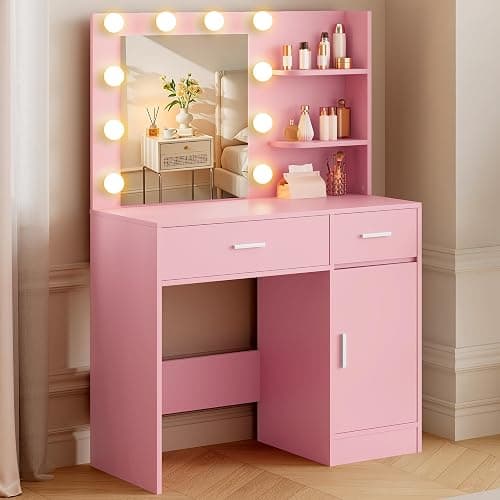 LIVELYGLOW Lighted Makeup Vanity Desk, 35.4“W x 15.7'”D x 54“H, Pink (with Lights and Mirror, Dimming Fuction, 2 Drawers and 1 Cabiniet, Open Shelves) thumbnail 9