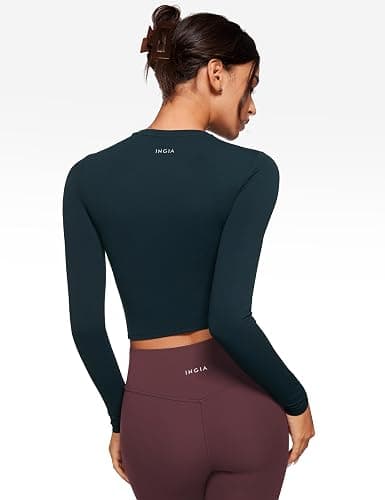 INGIA Womens Long Sleeve High Round Neck Crop Yoga Shirts Workout Slim Fit Casual Yoga Gym Tops thumbnail 2