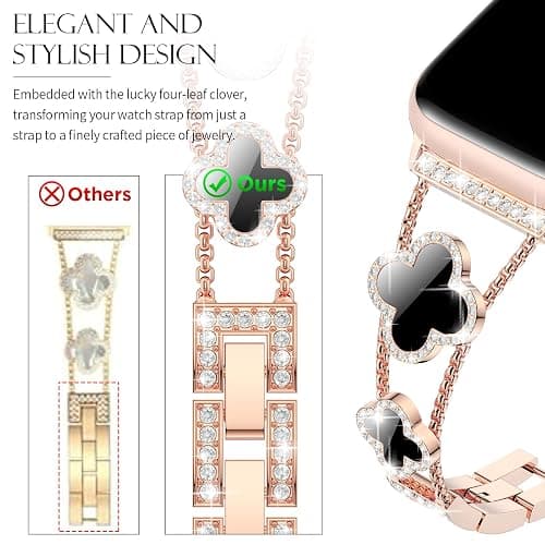 CTYBB Bling Diamond Band Compatible with Apple Watch Bands for Women 40mm 41mm 38mm 42mm Series 11 10 9 8 7 6 5 4 SE 3 2 1, Sparkle Metal Bracelet Wristband, Cute Lucky Clover Dressy iWatch Band,Rose Gold/Black thumbnail 2