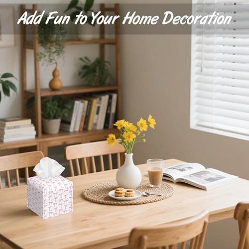 Pink Ribbon Bow Tissue Box Cover,PU Leather Tissue Box Holder Square,Modern Home Decoration for Bathroom Living Room Kitchen Office Car,5.2"×5.2"×5.2" thumbnail 5