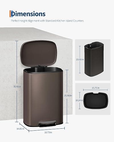 Garvee 13 gal (50 L) and 2.6 gal (10 L) Metal Trash Can Combo Set, Rustproof Garbage Can with Lid, Step-on Trash Bin with Inner Bucket, Rear Handle, Brown thumbnail 5