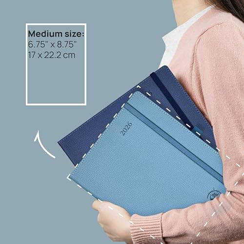 POPRUN 2026 Weekly & Monthly Planner Calendar, 6.75" x 8.75" Medium, Horizontal Layout with Lined Sections, Jan. 2026 - Dec. 2026, Leather Hardcover, 100GSM Paper, Inner Pocket - Black thumbnail 2