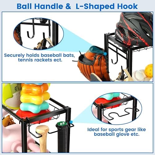 Garage Sports Equipment Organizer, Sports Equipment Storage for Garage with Baskets and Hooks, Rolling Basketball Racks for Balls with Wheels, Outdoor Toy Storage (Original Black) thumbnail 5