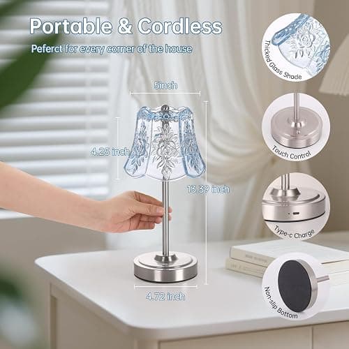 Shenmoyl Cordless Touch Table Lamp with 5200mAh Battery - 3 Adjustable Color Temperatures & Dimmable, Rechargeable Lamp for Bedroom, Living Room, Office, Entryway, Bookshelves (Clear Light Blue Rose) thumbnail 8