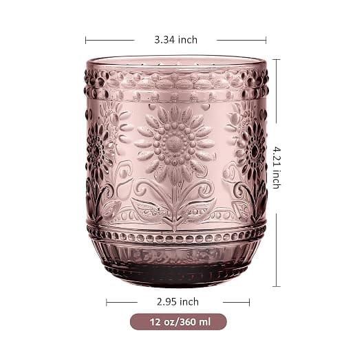 Joeyan Trinkgläser Set Bunte, 4 teiliges 360 ml Hochwertige Gläser Set für 4 Personen, Farbig Wassergläser Spülmaschinenfest, Saftgläser, Modernes Blume Embossed Design für Picknicks, Camping, Partys thumbnail 3