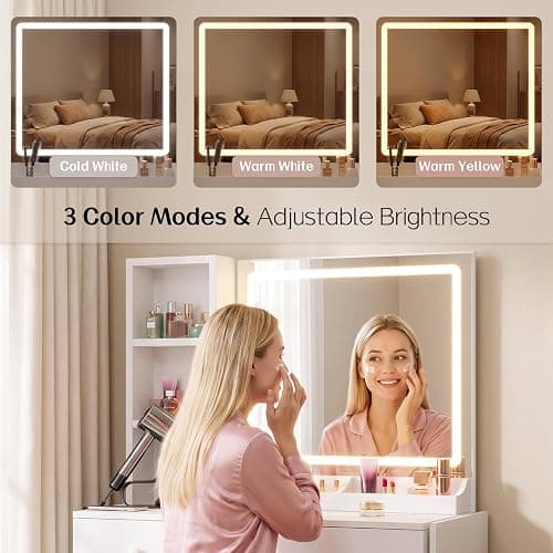 Haewon Vanity Desk Set with Lighted Mirror and Chair, White | Makeup Table with 3 Color Lighting Modes, Charging Station, Storage Cabinet and Drawers for Bedroom thumbnail 4