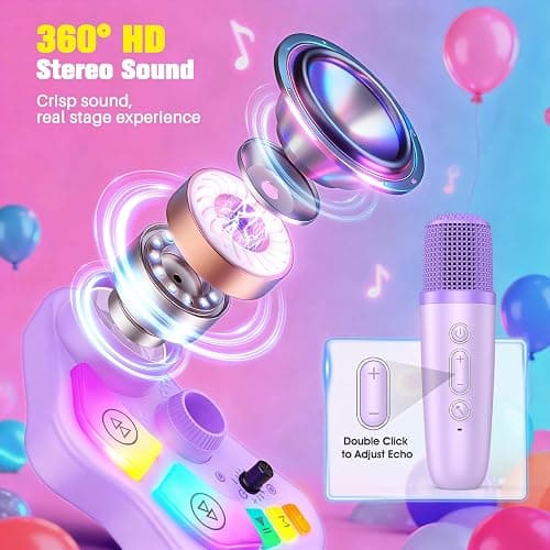 Stand Karaoke Machine for Kids, Singing Toys Gifts for 3 4 5 6 7 8 Year Old Girls Boys, Rechargeable Kid Microphone Bluetooth Speaker with 2 Wireless Mic for Girl Age 4-6 Toddler Birthday Party Toy thumbnail 6