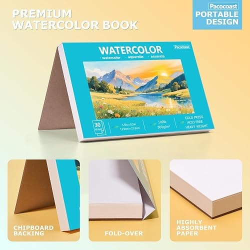 Pacocoast 5.5"x8.5" Bulk Watercolor Pad, Pack of 3 (90 Sheets) 140lb/300gsm | Cold press pages, glue bound acid-free artist drawing paper for adults. Great for watercolor, pencil, pastel & crayon, Teal thumbnail 2