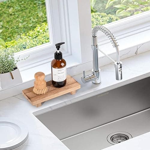 Bathroom Tray Farmhouse Decor Pedestal Stand Wood Riser Display Kitchen Accessories Soap Holder for Sink, Counter, Vanity, 8.7 * 3.6 Brown thumbnail 4