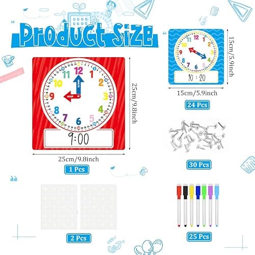 Cinrobiye 25 Pcs Classroom Teaching Clock Set,Learning Clocks,Learning Time with Laminated Dry-Erase Teaching Aids for Home Classroom Teacher Back to School Supplies thumbnail 3