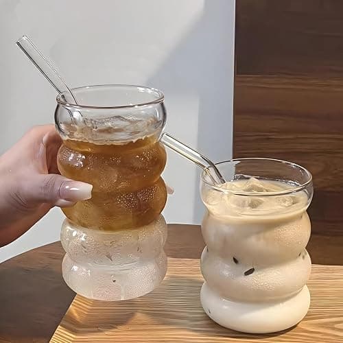 Ework4U 4 Pcs 20oz Drinking Glasses Set with Straws, Cute Iced Coffee Glass Cups, Iced Coffee Tumblers, Thick Drinking Jars for Smoothie, Boba Milk Tea, Ideal for Gift, with Straw Brush thumbnail 5