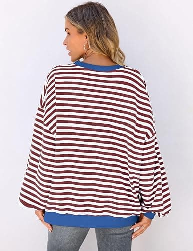 UEU Women Oversized Striped Crewneck Sweatshirt Long Sleeve Color Block Pullover Tops Casual Loose Workout Shirt thumbnail 5