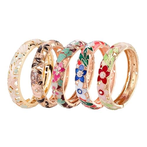 UJOY Enamel Bracelets Pack of 5 Colorful Cloisonne Rose Gold Flower Engraved Bangles for Women Jewelry Gift Pack in a Box 5PCS - Image 1
