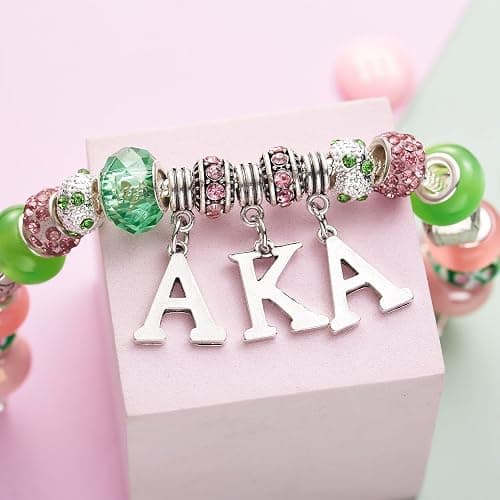 AKA Sorority Gifts for Women Paraphernalia Sorority Bracelet Pink and Green Jewelry Greek Crystal Charm thumbnail 4
