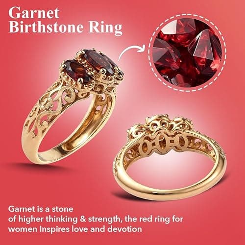 3 Stone Garnet Ring for Women in 925 Sterling Silver With 14K Gold Plating - January Birthstone Promise Engagement Vintage Red Garnet Jewelry - Birthday Anniversary Wedding Gifts for Womens thumbnail 4