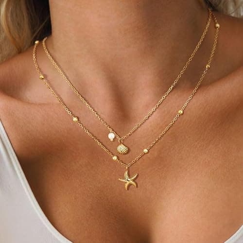 DAILI Shell Necklace for Women,14k Gold Plated Layered Starfish Conch SeaShell Pearl Pendant Charm Necklace,Non Tarnish Adjustable Stainless Steel Chain Stack Jewerly for Summer Beach Vacation thumbnail 6