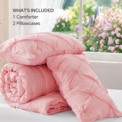 BEDELITE Pink Queen Comforter Set,Fluffy & Soft Comforter | Pintuck Boho Bedding, Warm & Cute Bed Set for All Season,With 2 Pillowcases thumbnail 7