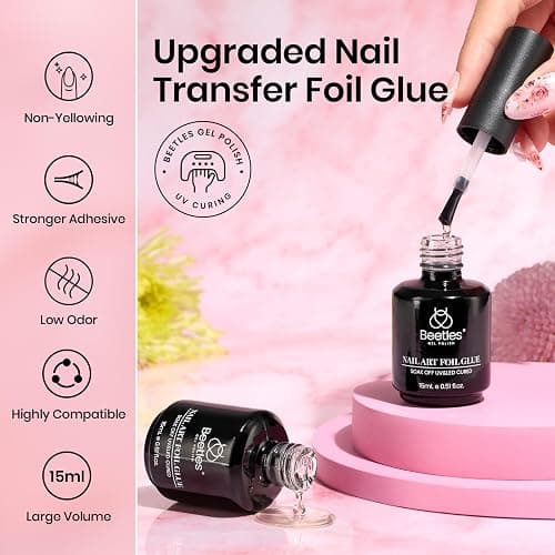 Beetles Nail Foil Glue Gel 2Pcs 15ml with 20 Pcs Lace Flower Butterfly Stickers Transfer White Black Lace Nail Foil Set, LED Lamp Soak Off DIY Manicure Gifts for Women thumbnail 3