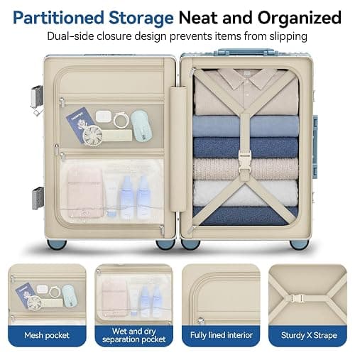 Carry On Luggage Front Pocket,Aluminum Frame Hardside Suitcase,GrayBlue | Zipperless Suitcase,22x14x9 Airline Approved,Cup and Phone Holder,USB Charger,Spinner Wheels,TSA Lock,Business Weekend Trips thumbnail 3