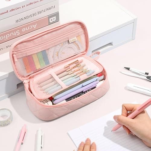 SUNEE Cute Pencil Case, Large Capacity Pencil Pouch Aesthetic Zipper Pencil Bag, Big Storage Pen Organizer for Stationery, Soft Quilted Pencil Box Back to School Supplies for Teen Girls Boys,Soft Pink thumbnail 2
