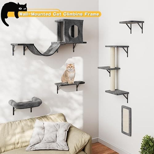 NUNU LAB Cat Wall Shelves, 6 Pcs Luxury Wall-Mounted Cat Climber Set, Indoor Cat Furniture with 1 Condos House, 2 Cat Wall Shelves, 1 Scratching, 1 Bridge Ladder, 1 Scratching Pad, Dark Gray thumbnail 3