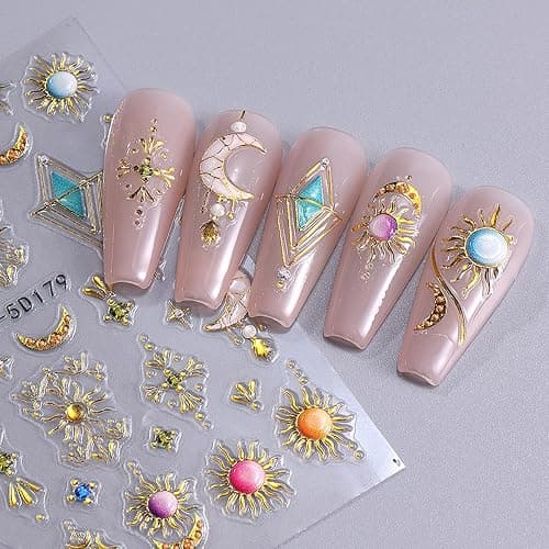 Sun Moon Nail Art Stickers 5D Embossed Totem Bohemian Style Nail Decals 2PCS Metallic Gold Lace Lines Green Gem Luxury Design Nails Adhesive Stickers Supply for Women DIY Manicure Decorations thumbnail 3