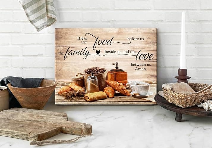 Christian Wall Art Kitchen Wall Decor Bless The Food Quote Dining Room Pictures Rustic Coffee Art Wall Decor Farmhouse Canvas Prints Painting Family Artwork for Restaurant Home Decoration 12x16" thumbnail 5