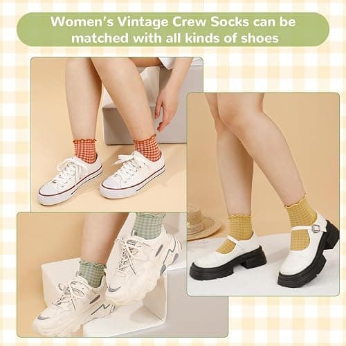 GGSTDDUP Women Ruffle Striped Frilly Socks, 6/10 Pairs Cute Checkered Ankle Sock for Women, Cotton Casual Crew Socks Size 5-9 thumbnail 7