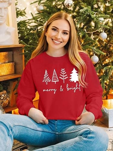 UYIQL Christmas Sweatshirts for Women Funny Christmas Tree Xmas Cute Graphic Long Sleeve Shirt thumbnail 4