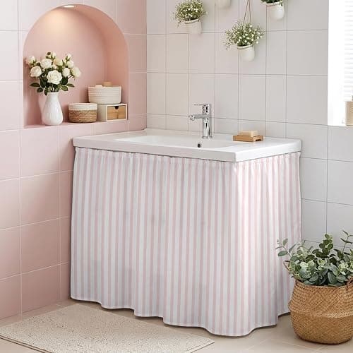 *BOUGHT* Pink Striped Cabinet Curtains for Kitchen Modern Stripes Farmhouse Rustic Simple Utility Sink Skirt, Under Sink Curtain for Laundry Room and Wider Cabinets, 35" W x 35" L thumbnail 9