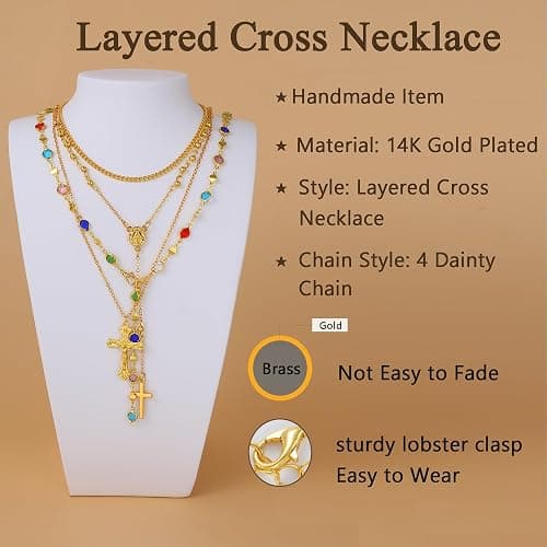 4PCS Layered Gold Cross Necklaces for Women Trendy, Bohemian Bead Pearl Y Long Pendant Necklace Set, Vintage Rosary Necklace Stack Adjustable Length thumbnail 4
