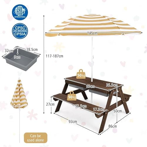 HONEY JOY Kids Picnic Table, 4 in 1 Cedar Wooden Sand & Water Table w/ 3 Removable Box & Umbrella, Kids Picnic Tables for Outdoors Backyard Garden, Toddler Patio Furniture Set for Boys Girls(Walnut) thumbnail 9