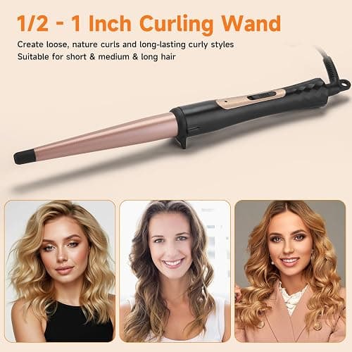 1/2 Inch to 1 Inch Tapered Curling Wand for Short, Medium & Long Hair | Tourmaline Ceramic Wand Curling Iron for Natural Waves & Loose Curls, Two Heat Settings, Dual Voltage, 60-Min Auto Shut-Off thumbnail 2